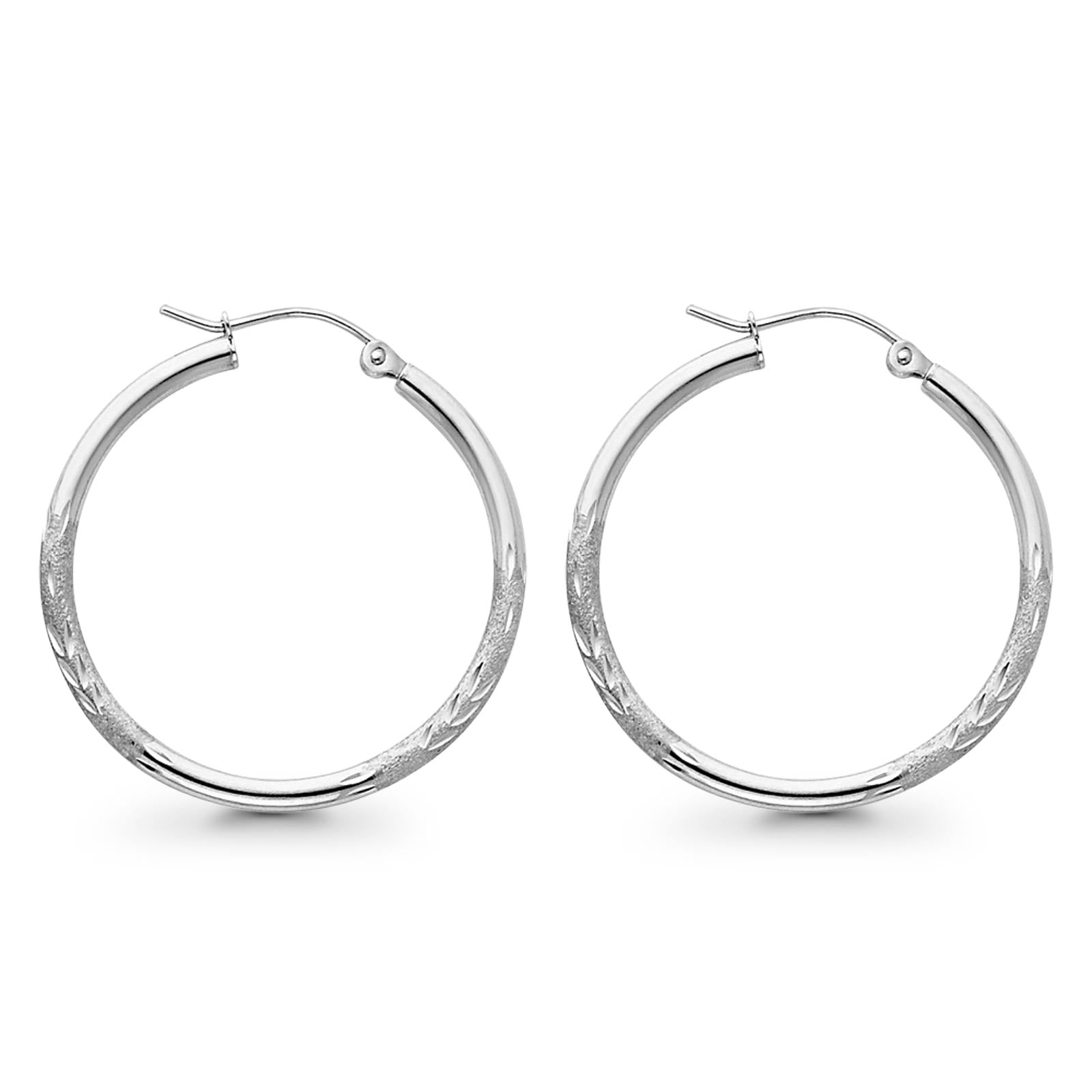 14K White Gold Real Diamond Cut 2mm Snap Closure Hoop Earrings Hinged 1.5grams 30mm