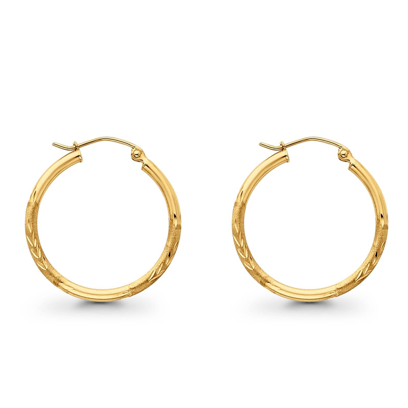14K Yellow Gold Real Diamond Cut 2mm Snap Closure Hoop Earrings Hinged 1.3grams 25mm
