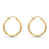 14K Yellow Gold Real Diamond Cut 2mm Snap Closure Hoop Earrings Hinged 1.3grams 25mm
