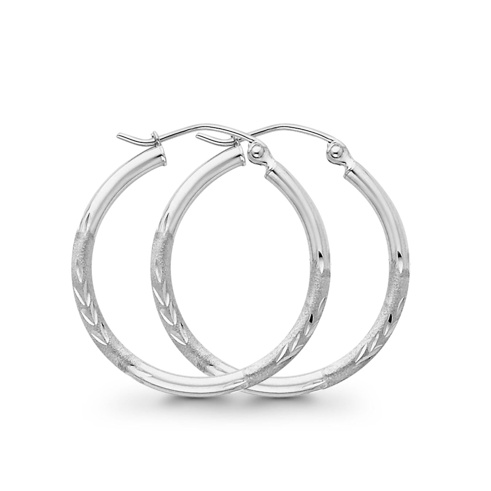 Real 14K White Gold Diamond Cut 2mm Snap Closure Hoop Earrings Hinged 1.3grams 25mm
