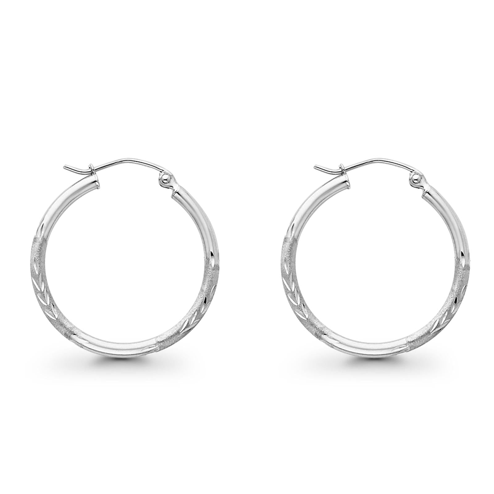 Real 14K White Gold Diamond Cut 2mm Snap Closure Hoop Earrings Hinged 1.3grams 25mm