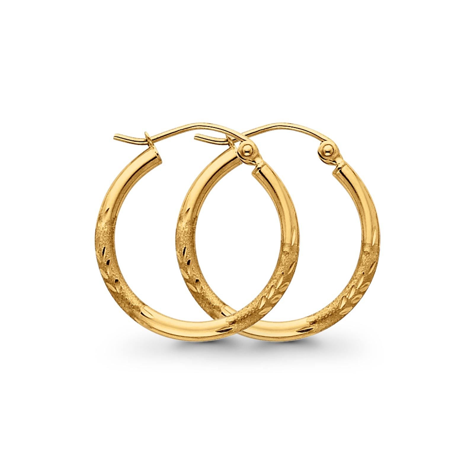 14K Yellow Gold Real Diamond Cut 2mm Snap Closure Hoop Earrings Hinged 1.1grams 20mm
