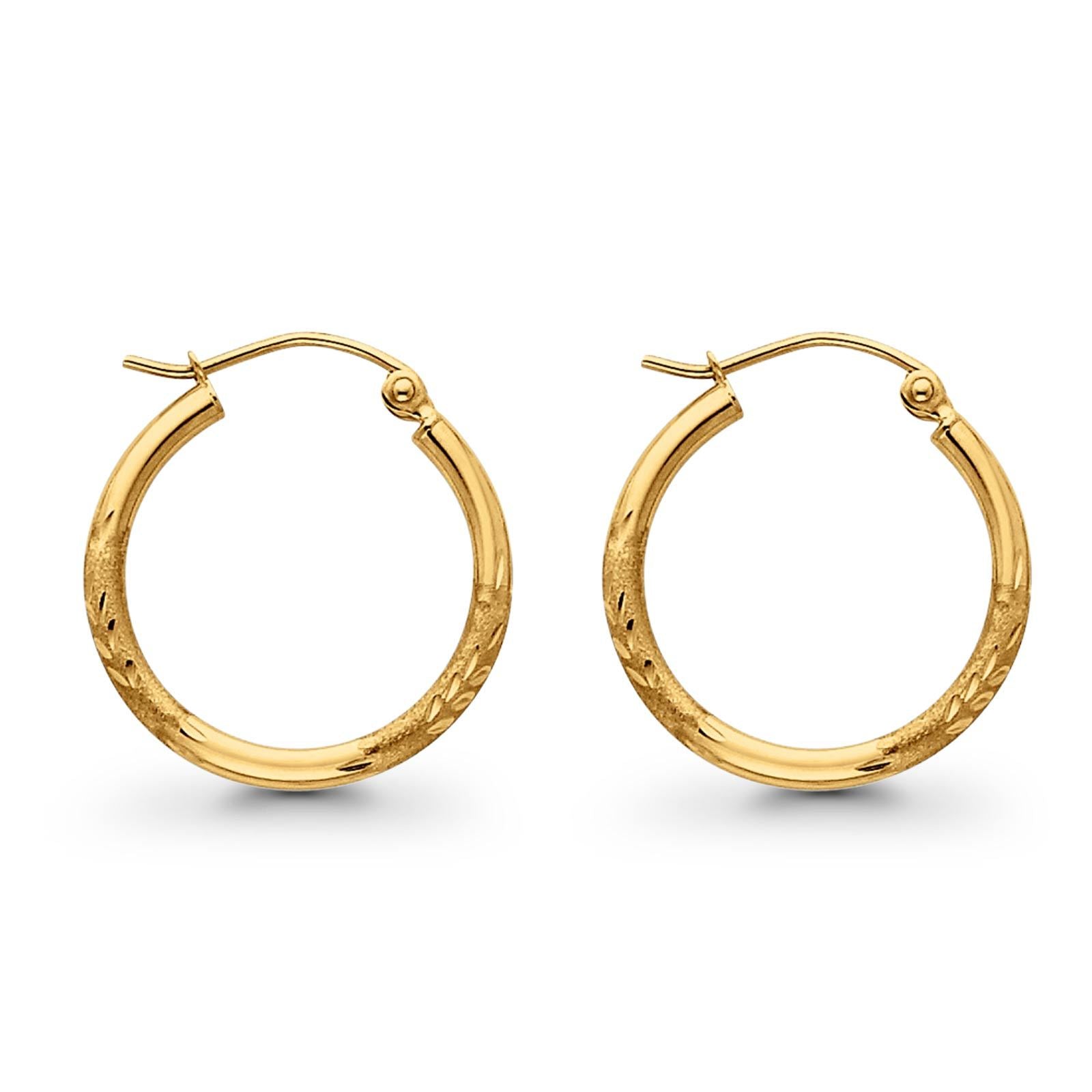 14K Yellow Gold Real Diamond Cut 2mm Snap Closure Hoop Earrings Hinged 1.1grams 20mm