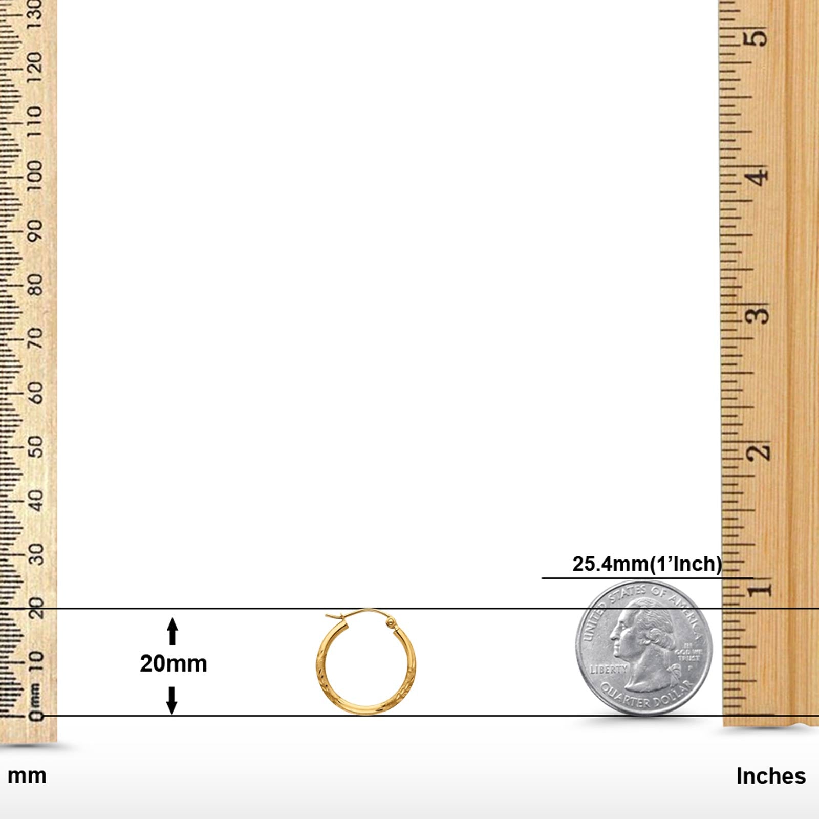 14K Yellow Gold Real Diamond Cut 2mm Snap Closure Hoop Earrings Hinged 1.1grams 20mm