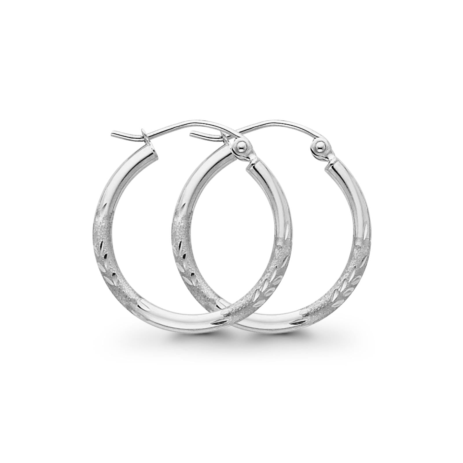 White 14K Gold Real Diamond Cut 2mm Snap Closure Hoop Earrings Hinged 1.1grams 20mm