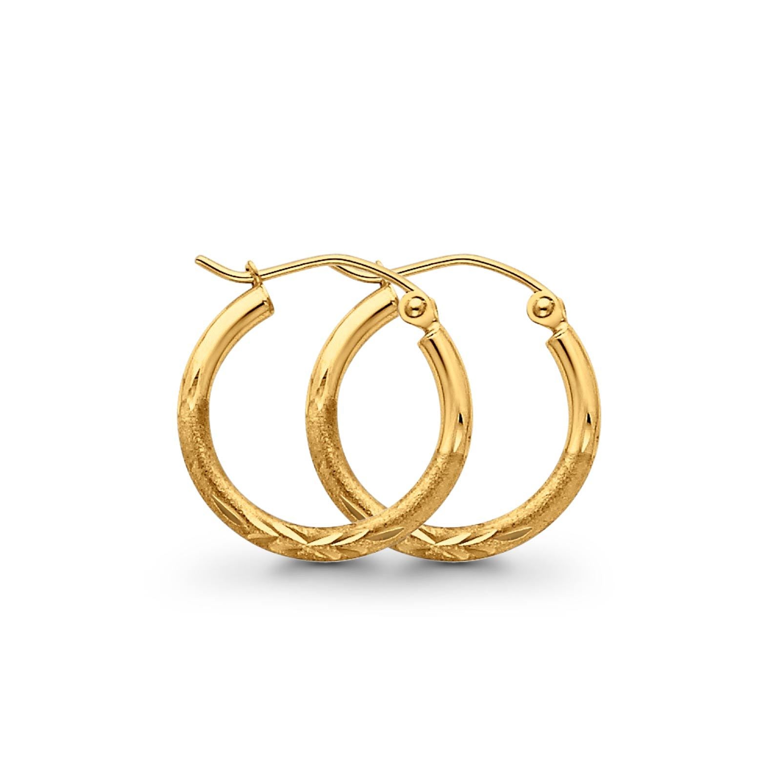 Diamond Cut Yellow 14K Gold Real 2mm Snap Closure Hoop Earrings Hinged 1gram 18mm