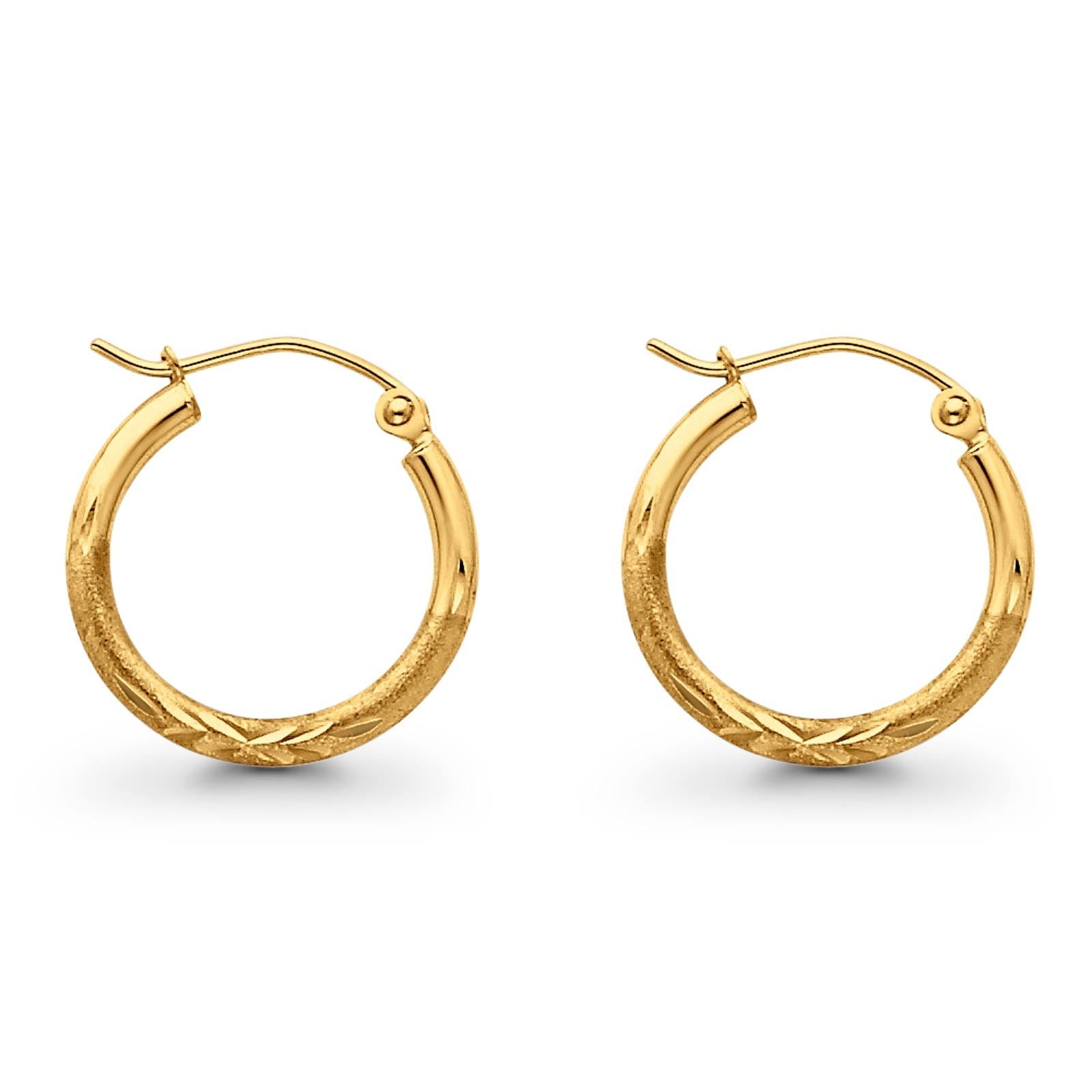 Diamond Cut Yellow 14K Gold Real 2mm Snap Closure Hoop Earrings Hinged 1gram 18mm