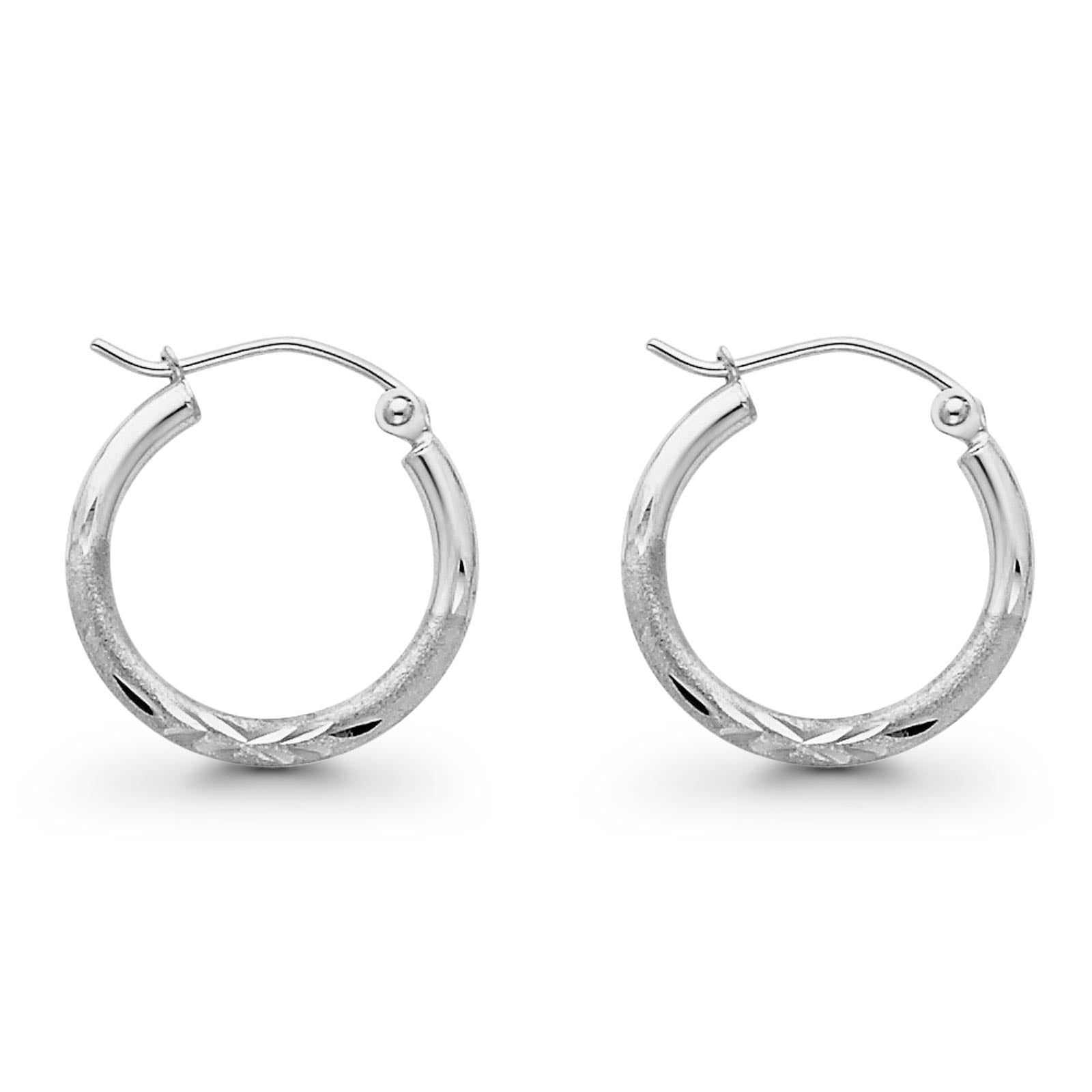 14K White Gold Diamond Cut Real 2mm Snap Closure Hoop Earrings Hinged 1gram 18mm