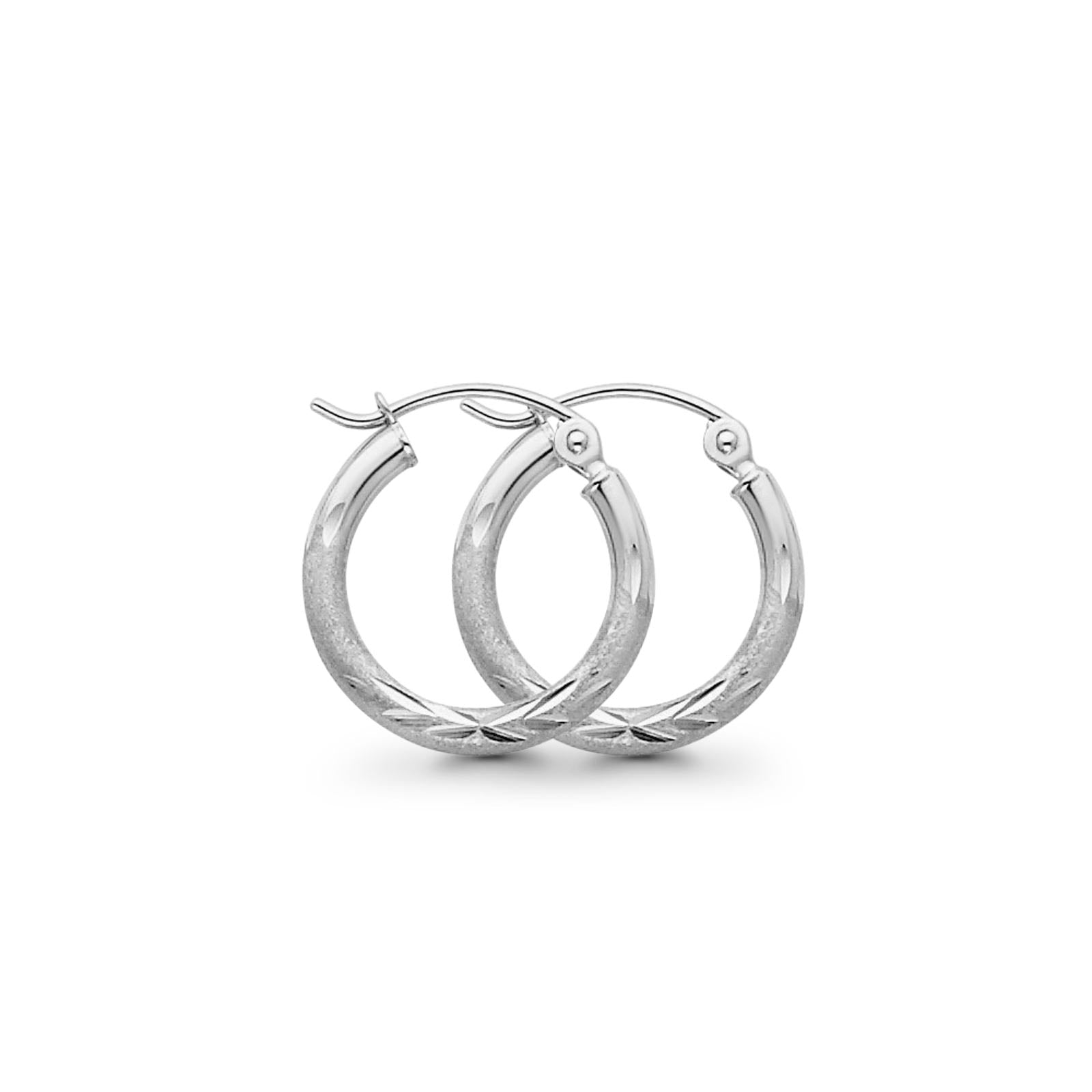 White 14K Gold Diamond Cut Real 2mm Snap Closure Hoop Earrings Hinged 0.8gram 15mm