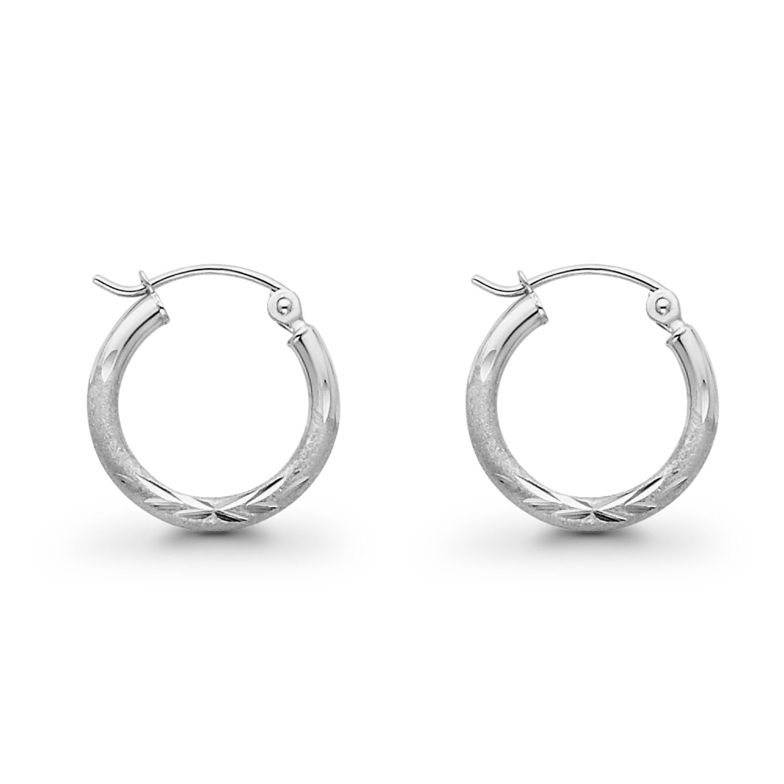 White 14K Gold Diamond Cut Real 2mm Snap Closure Hoop Earrings Hinged 0.8gram 15mm