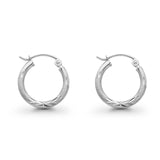 White 14K Gold Diamond Cut Real 2mm Snap Closure Hoop Earrings Hinged 0.8gram 15mm