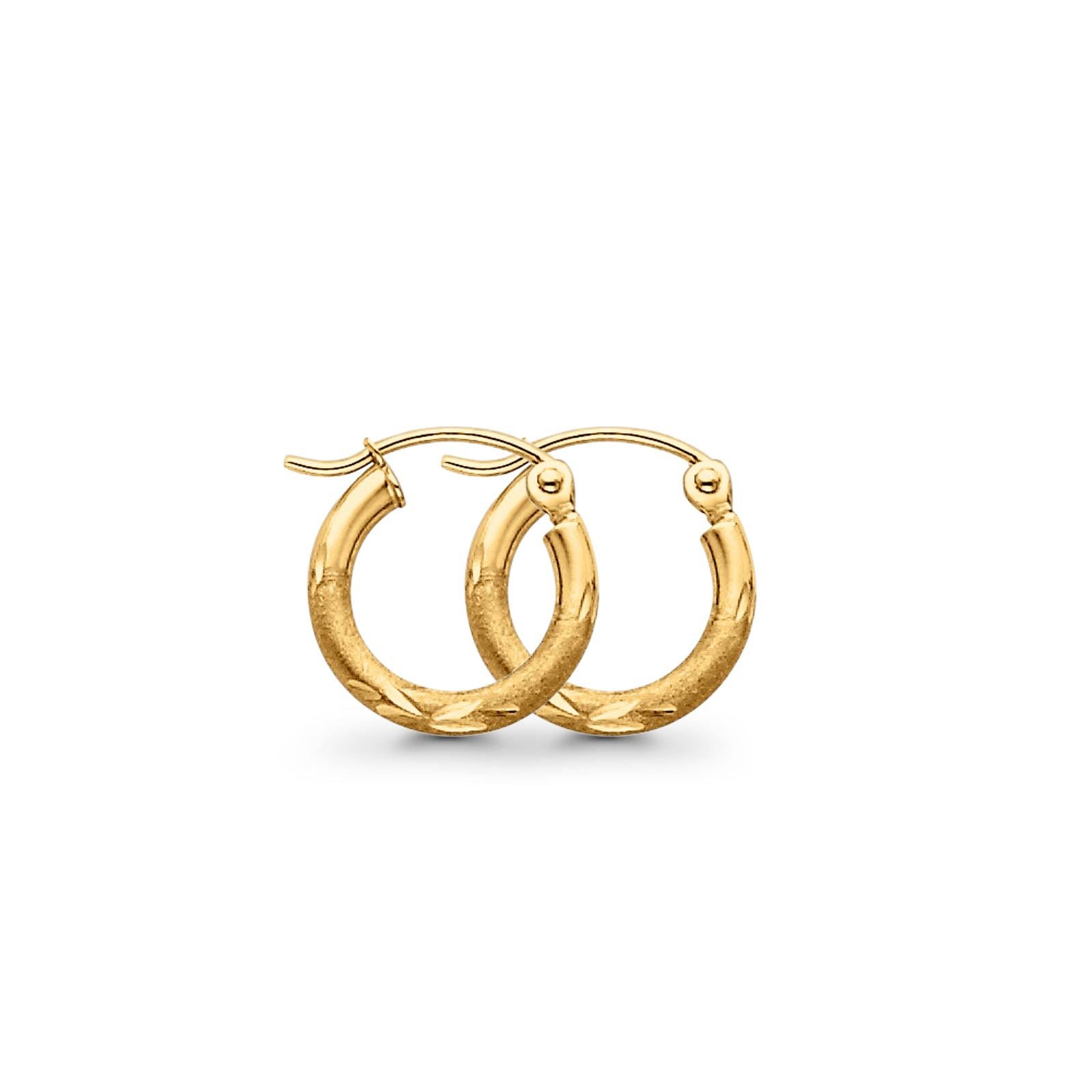 Diamond Cut Yellow 14K Gold Real 2mm Snap Closure Hoop Earrings Hinged 0.7gram 13mm