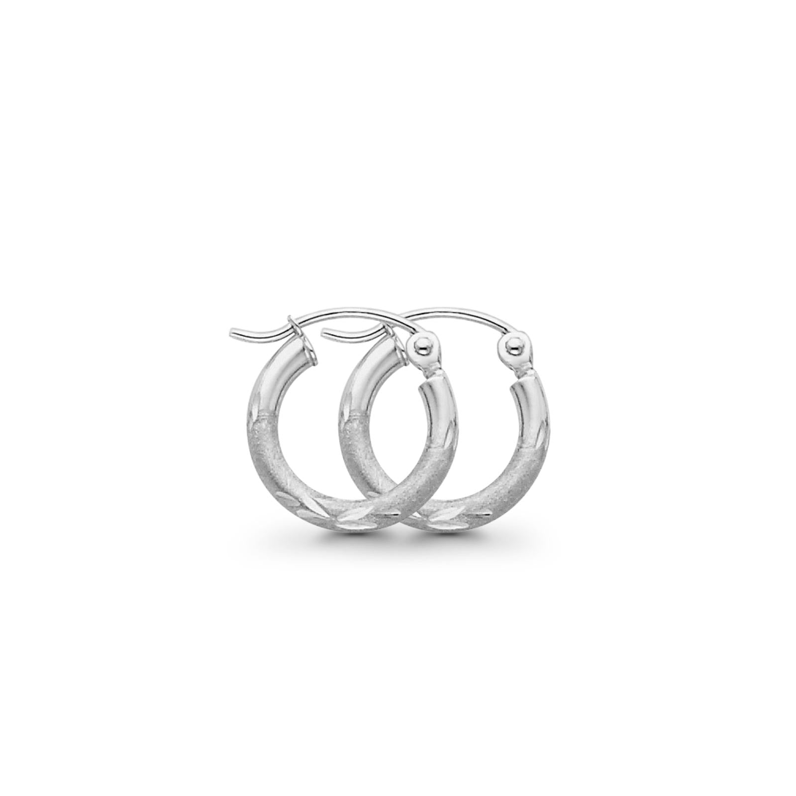 White 14K Gold Diamond Cut Real 2mm Snap Closure Hoop Earrings Hinged 0.7gram 13mm