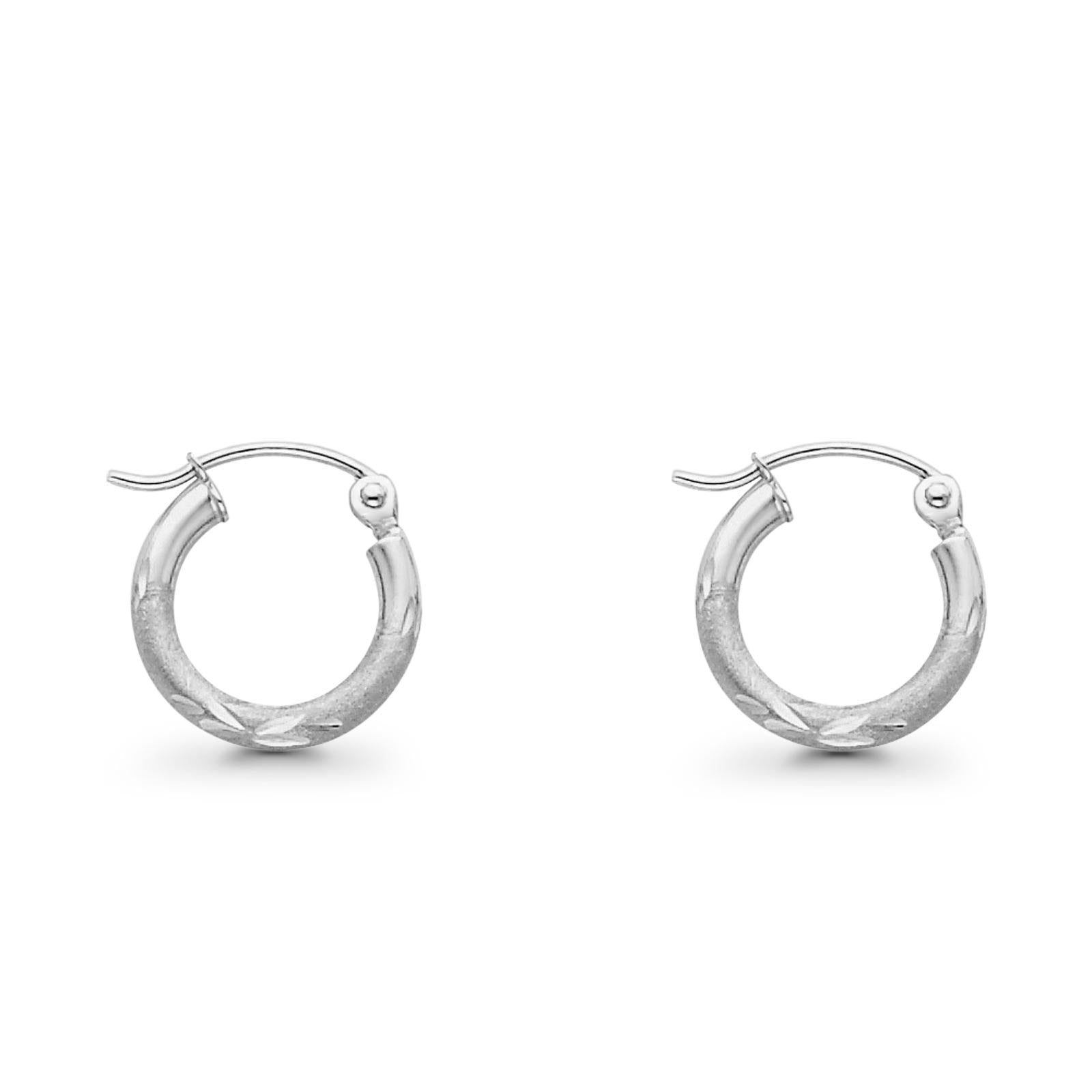White 14K Gold Diamond Cut Real 2mm Snap Closure Hoop Earrings Hinged 0.7gram 13mm