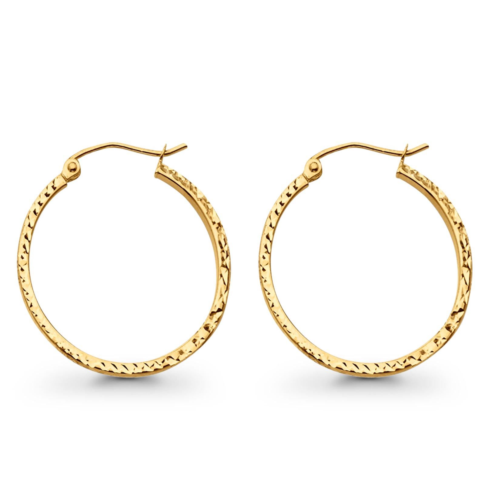 1.4grams 25mm 14K Yellow Gold Real Square Tube Diamond Cut Snap Closure Hoop Earrings