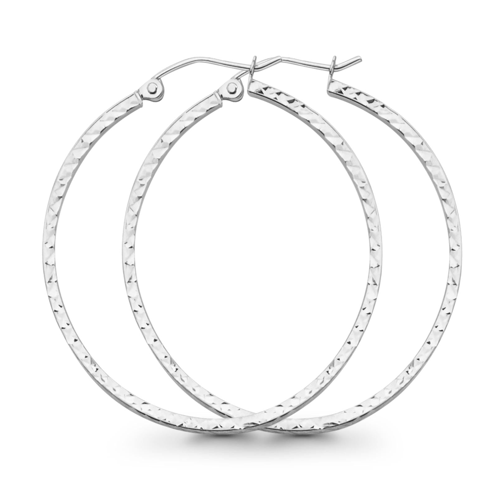 1.9grams 35mm White 14K Gold Real Square Tube Diamond Cut Snap Closure Hoop Earrings