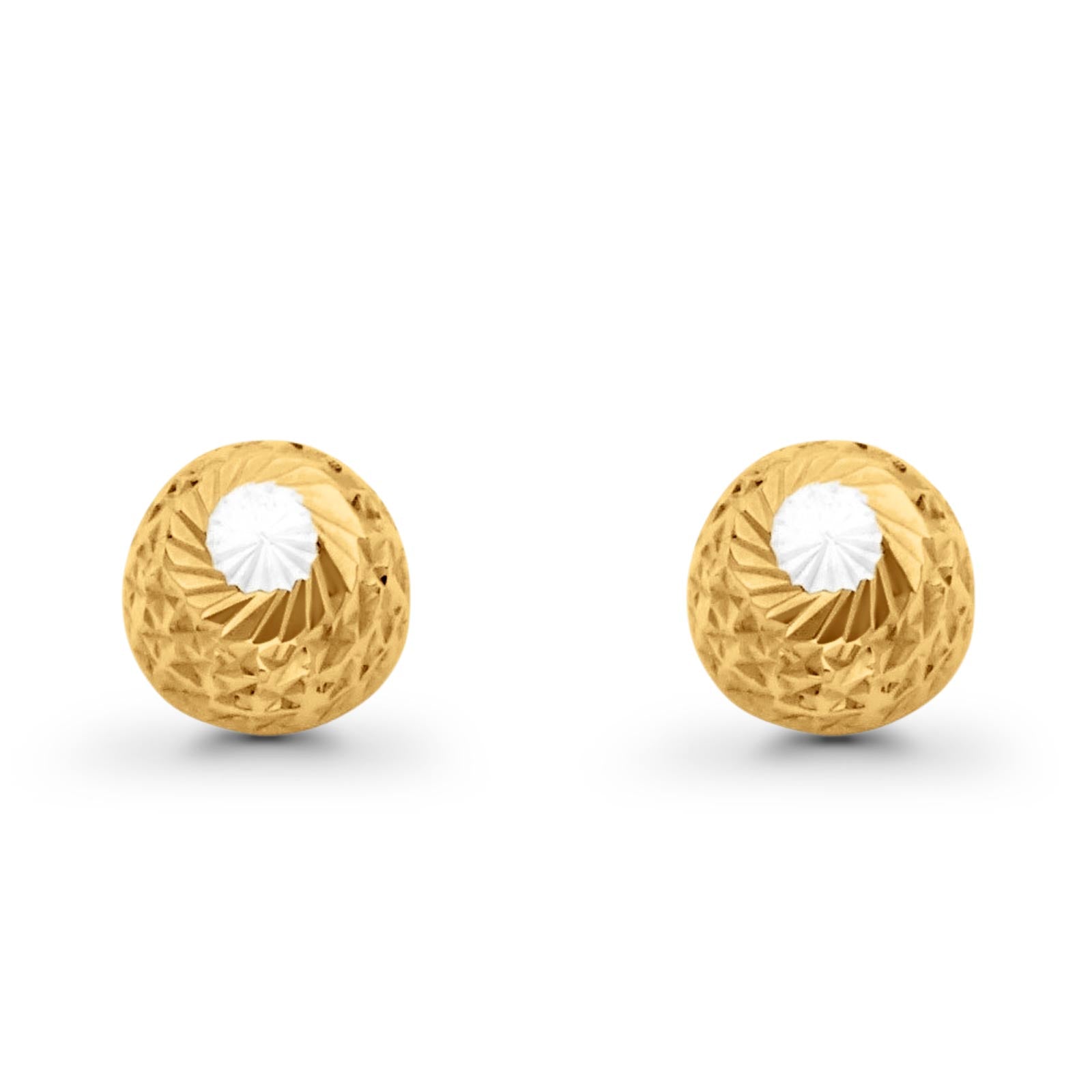 Two Tone 14K Gold Diamond Cut 9.5mm Half Ball Earrings Push Back 1.5grams