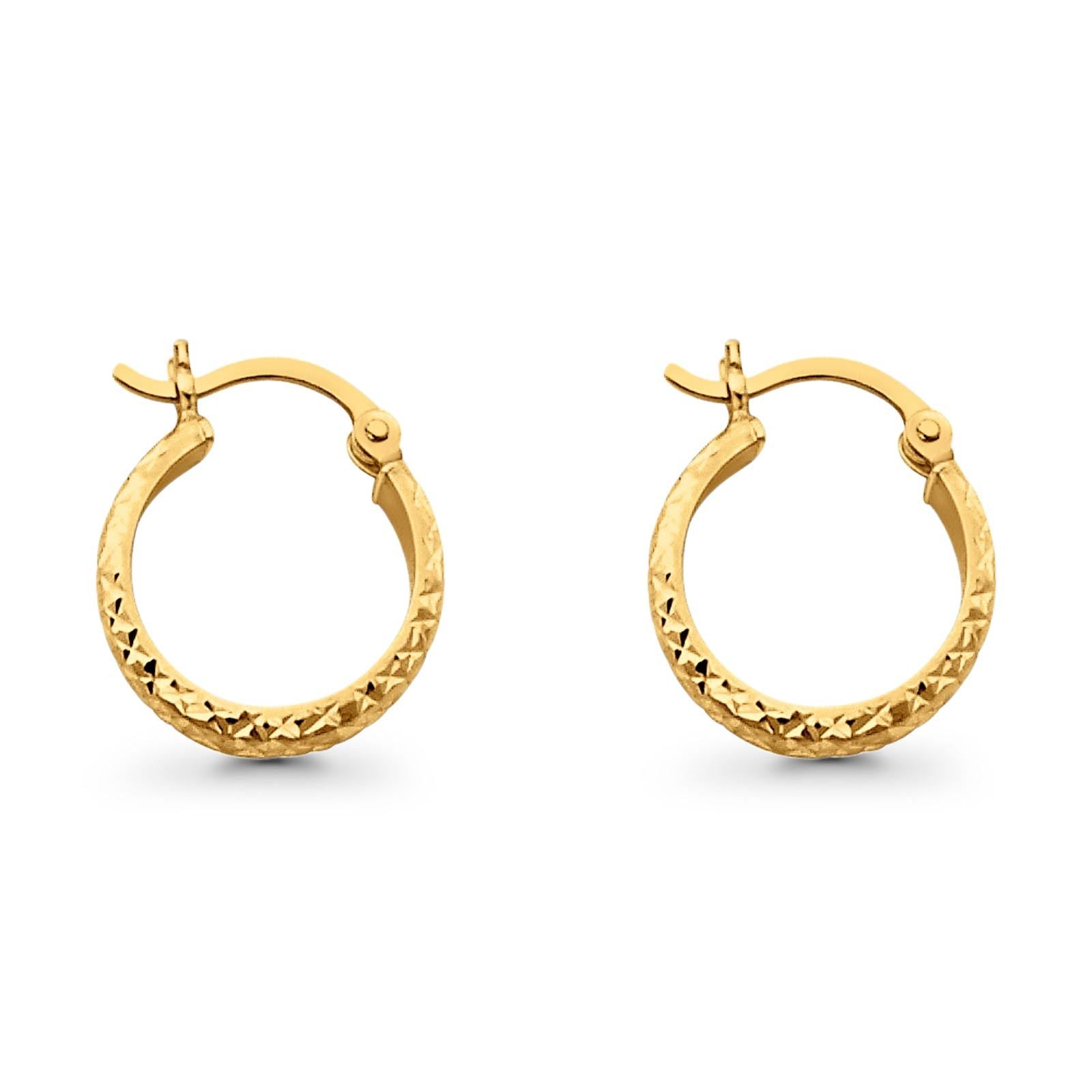 14K Yellow Gold Real 3mm Diamond Cut Snap Closure Hoop Earrings Hinged 1gram 15mm