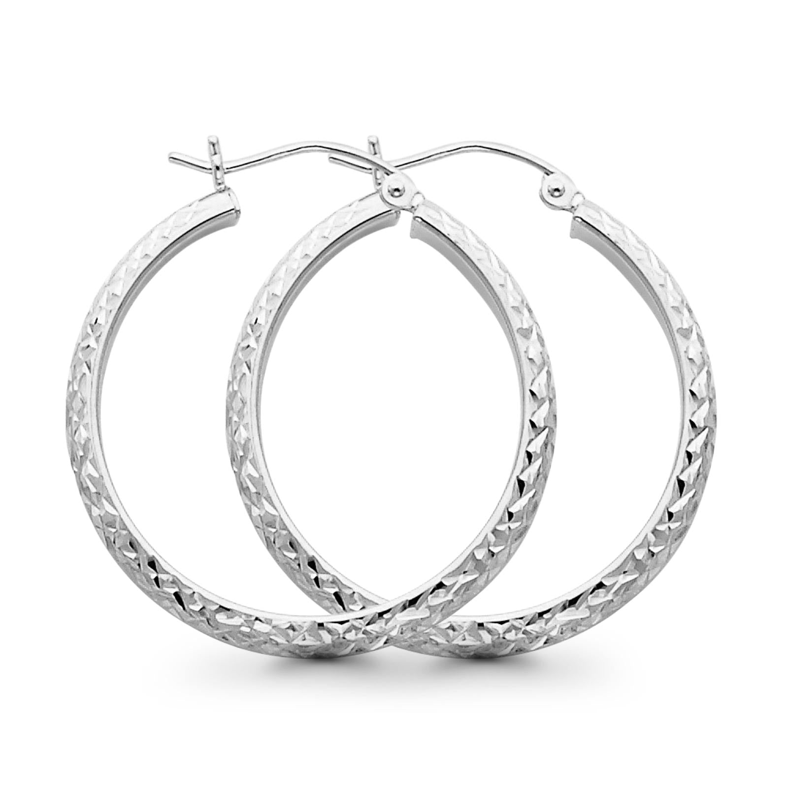 Real 14K White Gold 3mm Diamond Cut Snap Closure Hoop Earrings Hinged 2.2grams 30mm