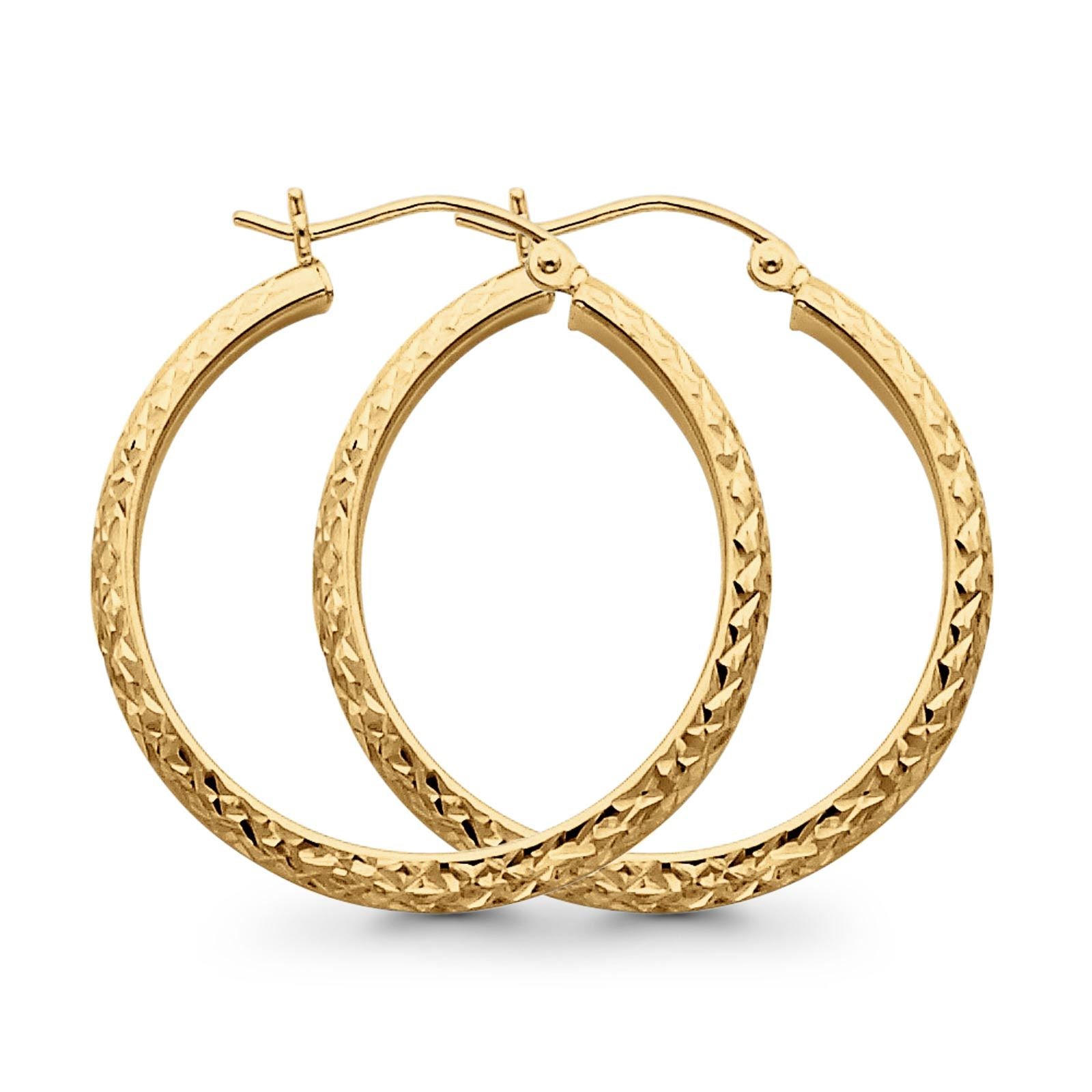 14K Yellow Gold Real 3mm Diamond Cut Snap Closure Hoop Earrings Hinged 2.2grams 30mm