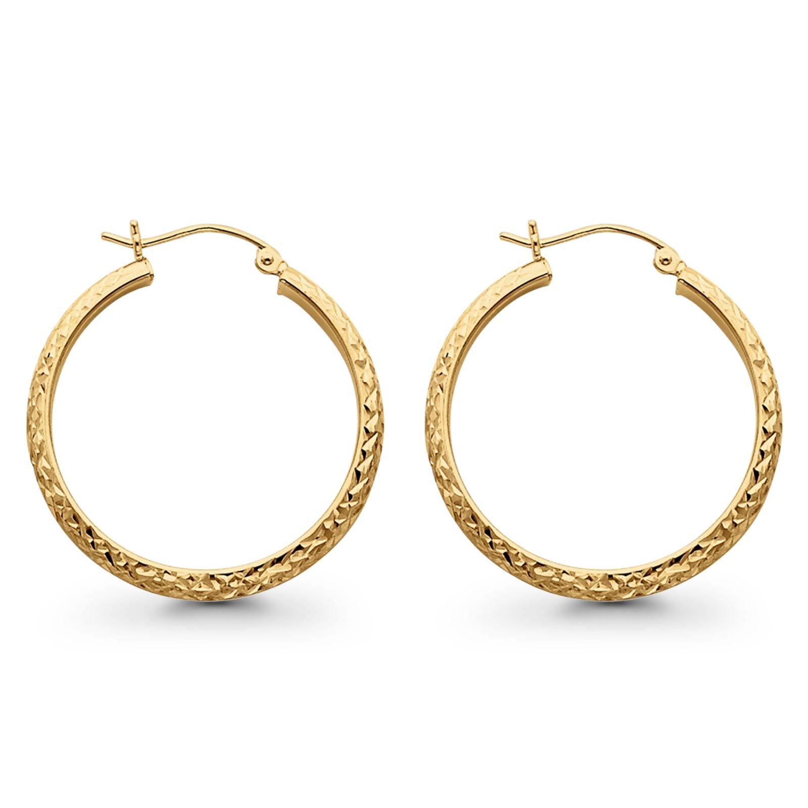 14K Yellow Gold Real 3mm Diamond Cut Snap Closure Hoop Earrings Hinged 2.2grams 30mm