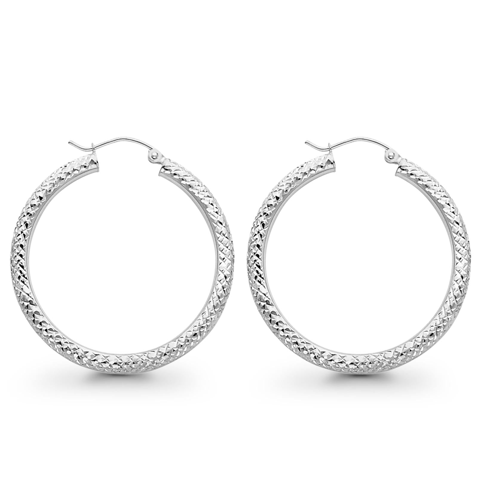 3grams 35mm 14K White Gold Real 3mm Diamond Cut Snap Closure Hoop Earrings Hinged
