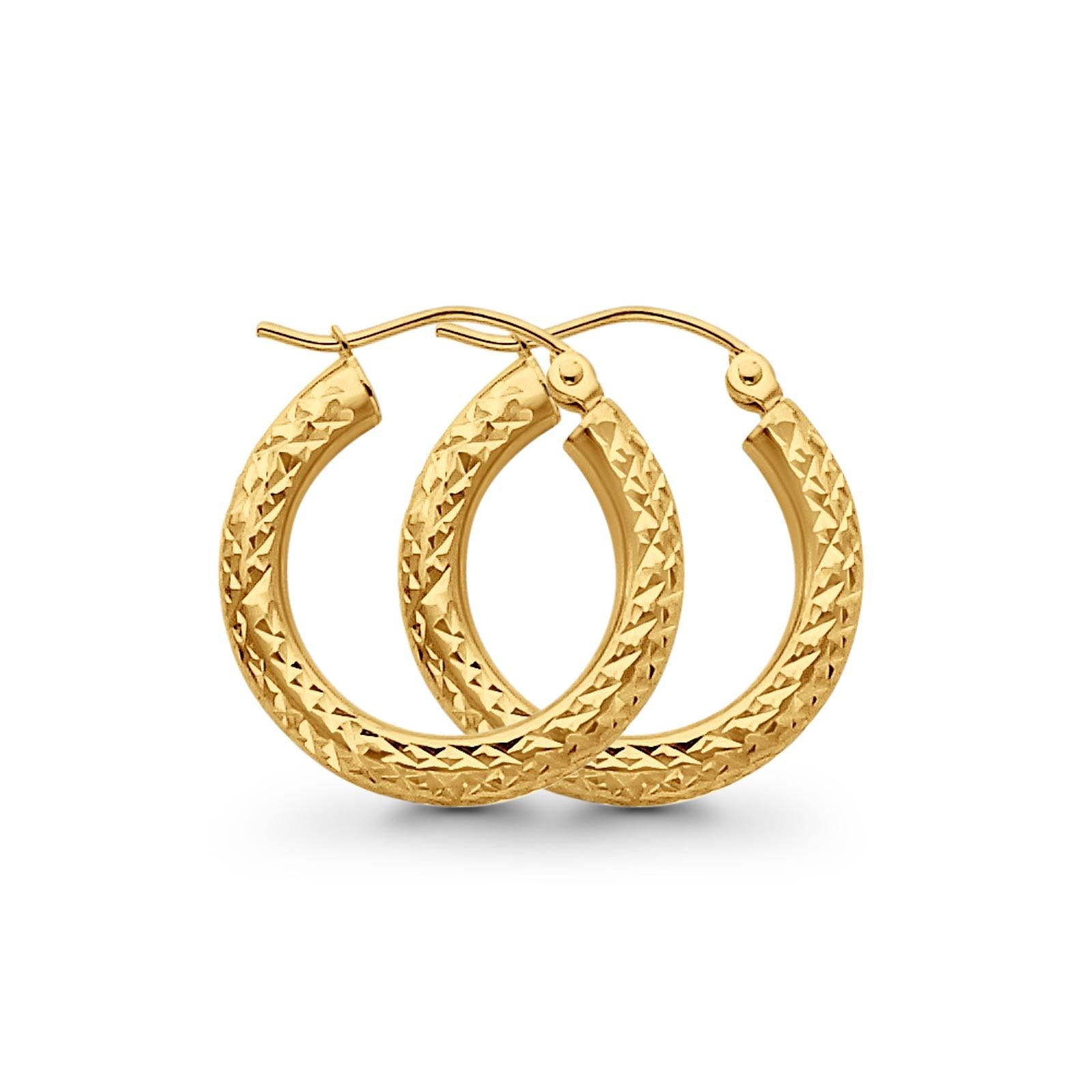 14K Yellow Gold Real 3mm Diamond Cut Snap Closure Hoop Earrings Hinged 1.4grams 20mm