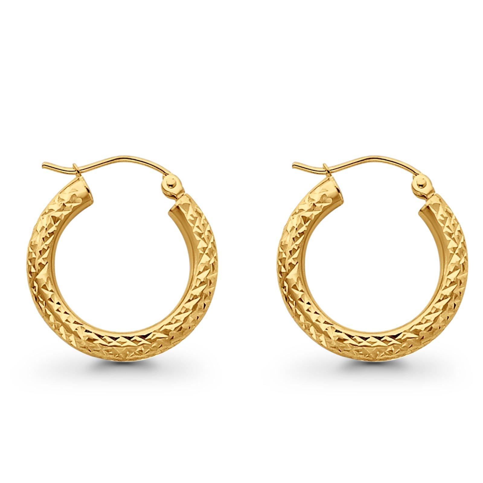 14K Yellow Gold Real 3mm Diamond Cut Snap Closure Hoop Earrings Hinged 1.4grams 20mm