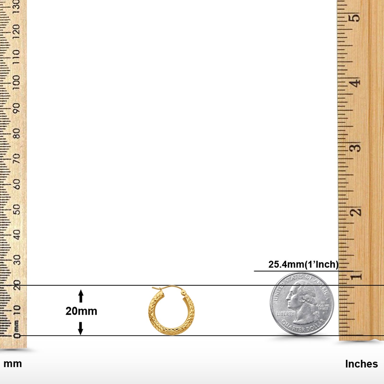 14K Yellow Gold Real 3mm Diamond Cut Snap Closure Hoop Earrings Hinged 1.4grams 20mm