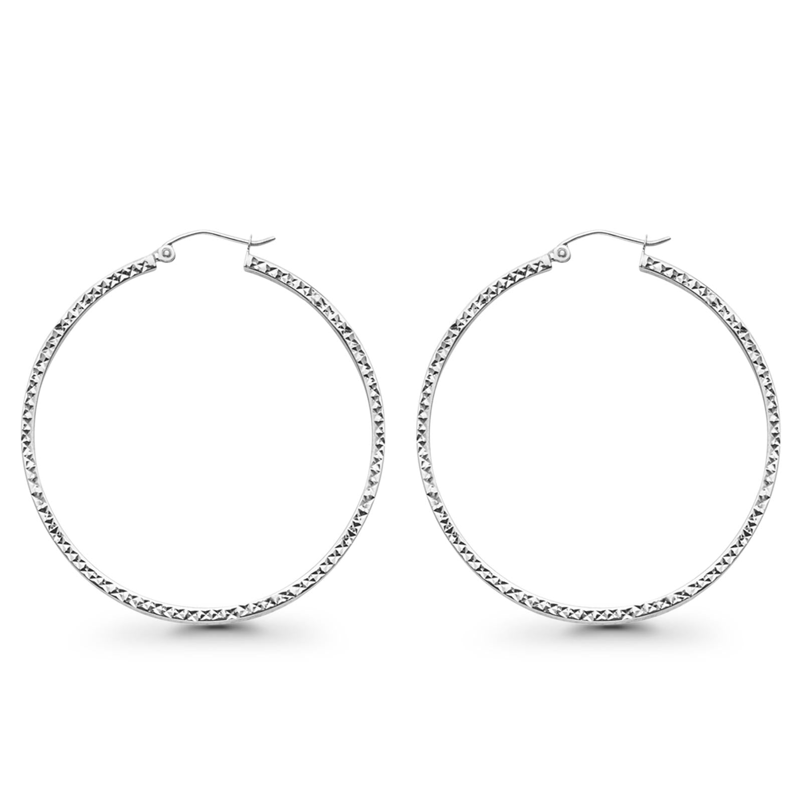 Hollow Hoop Snap Closure Earrings Full Square Tube Diamond Cut 14K White Gold 2.8grams 45mm