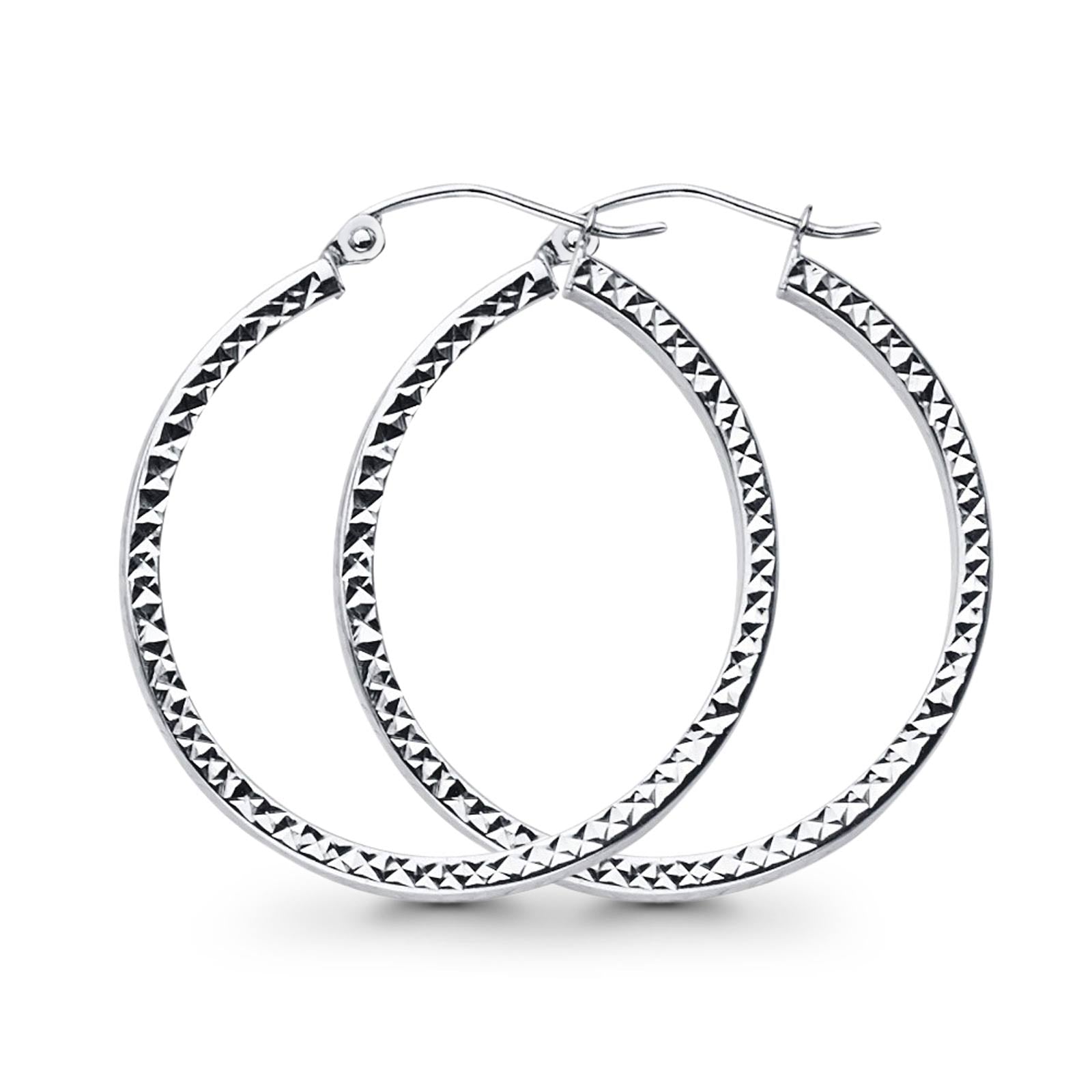White 14K Gold Full Diamond Cut Square Tube Hollow Hoop Snap Closure Earrings 2.2grams 28mm