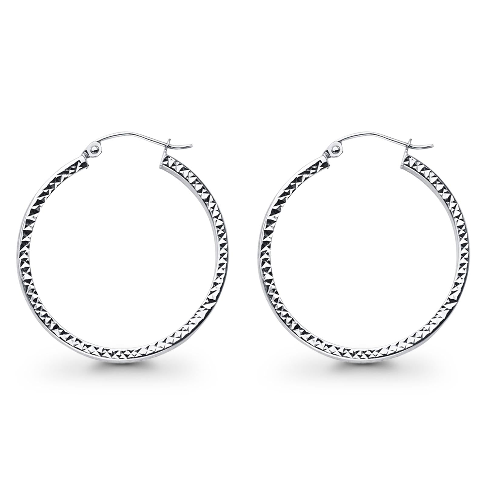 White 14K Gold Full Diamond Cut Square Tube Hollow Hoop Snap Closure Earrings 2.2grams 28mm