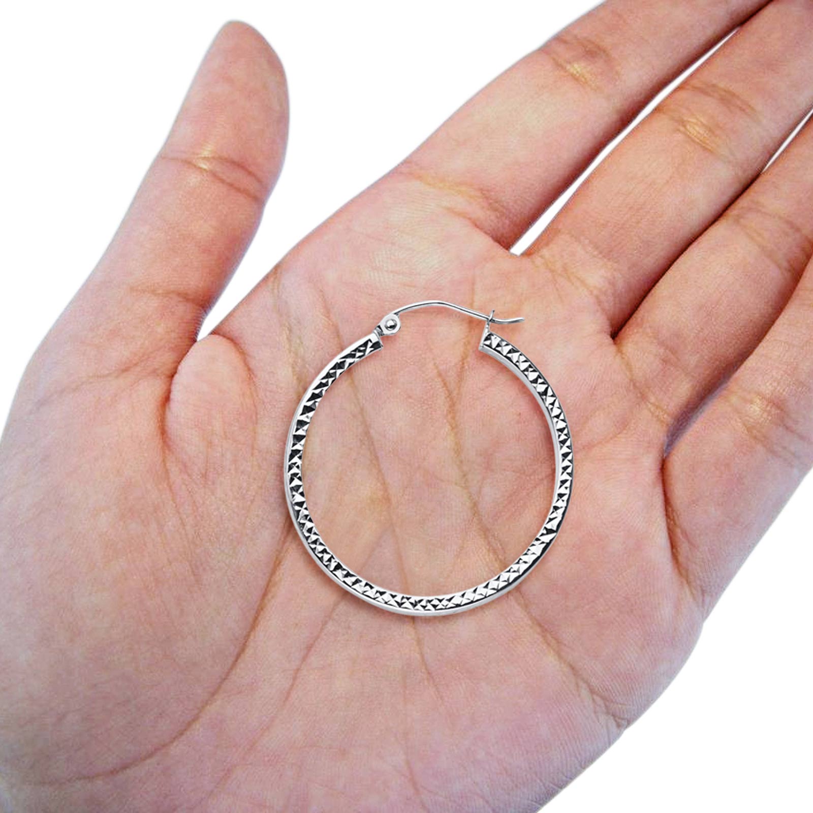 White 14K Gold Full Diamond Cut Square Tube Hollow Hoop Snap Closure Earrings 2.2grams 28mm