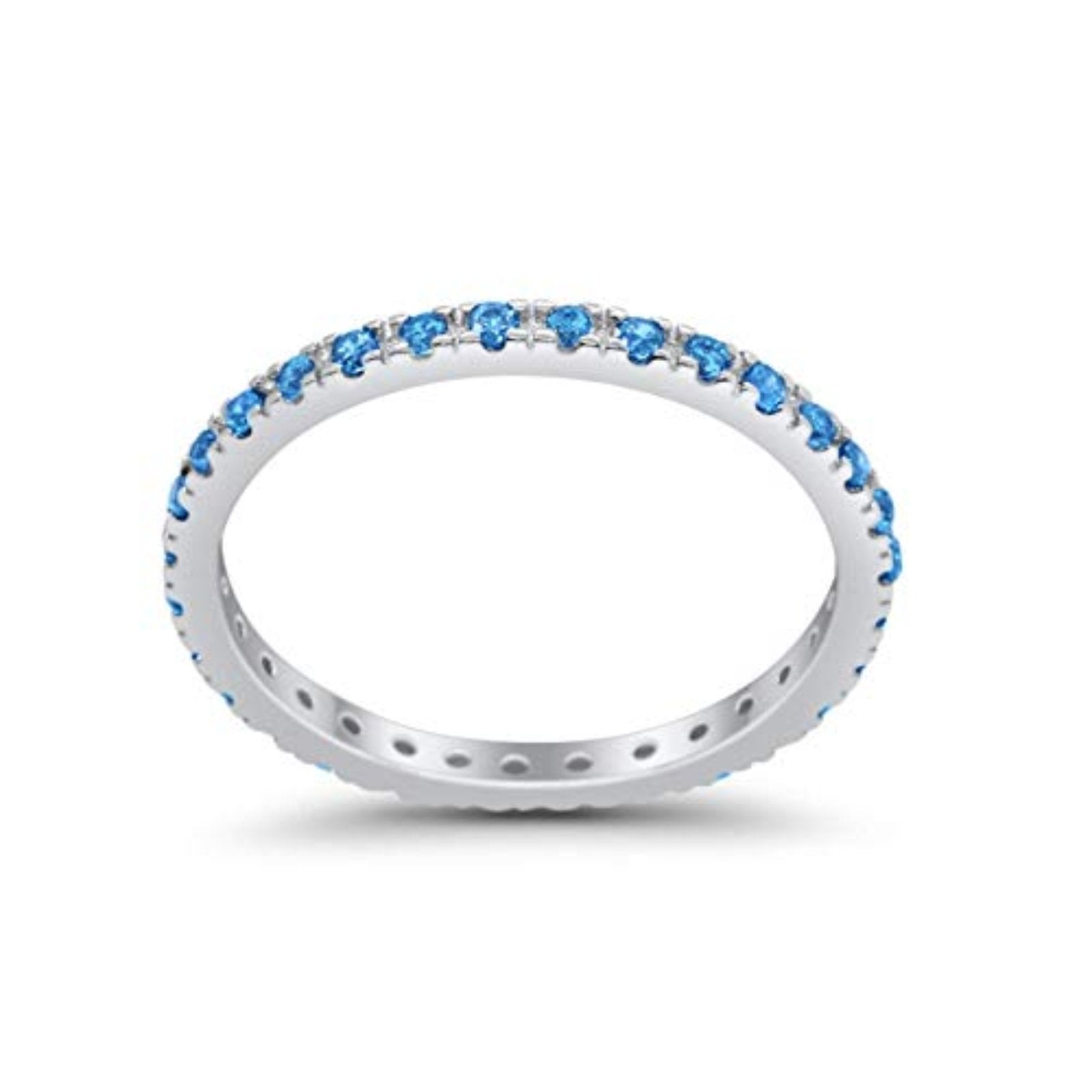 Full Eternity Stackable Band Round Simulated Blue Topaz CZ Ring 925 Sterling Silver