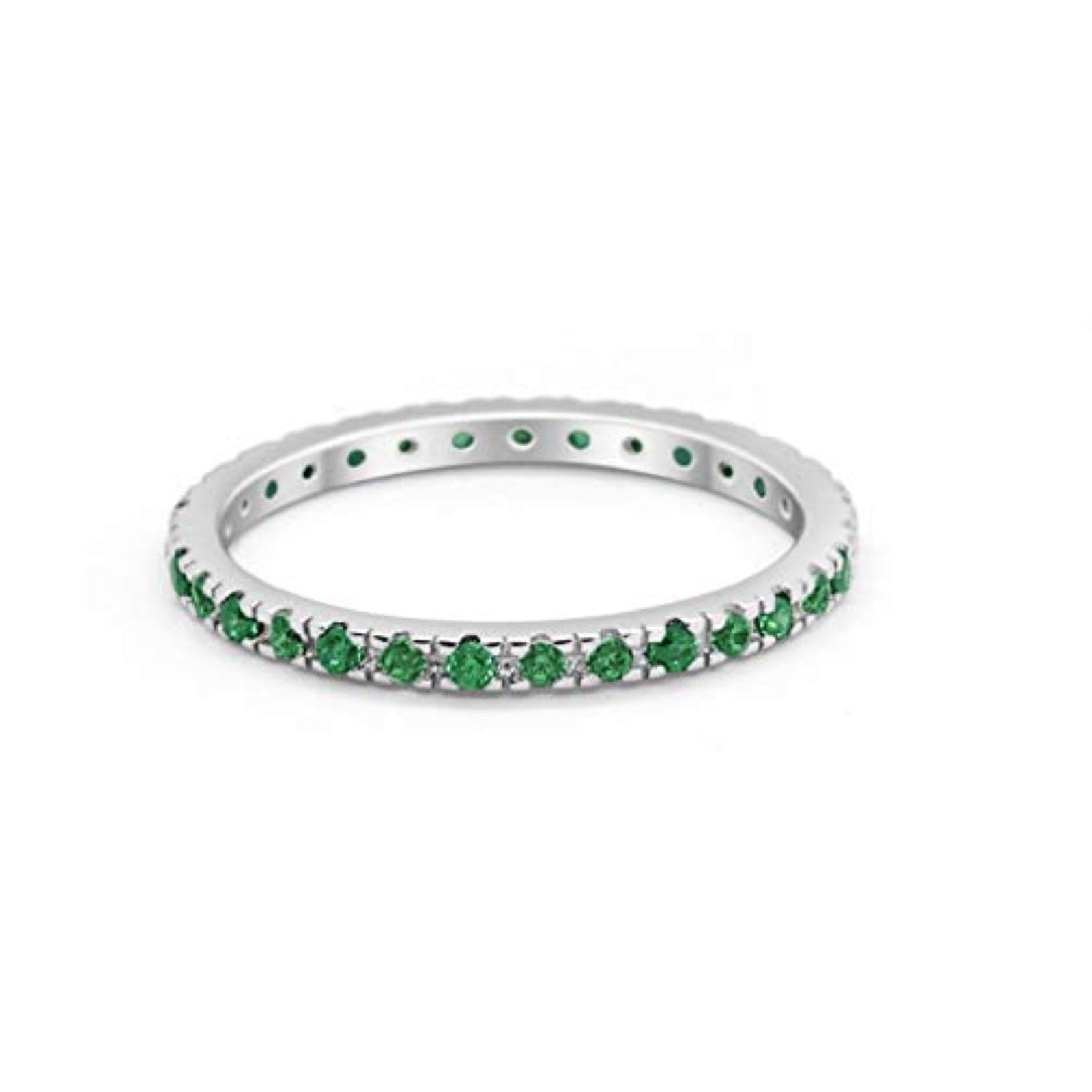 Full Eternity Stackable Band Round Simulated Green Emerald CZ Ring 925 Sterling Silver