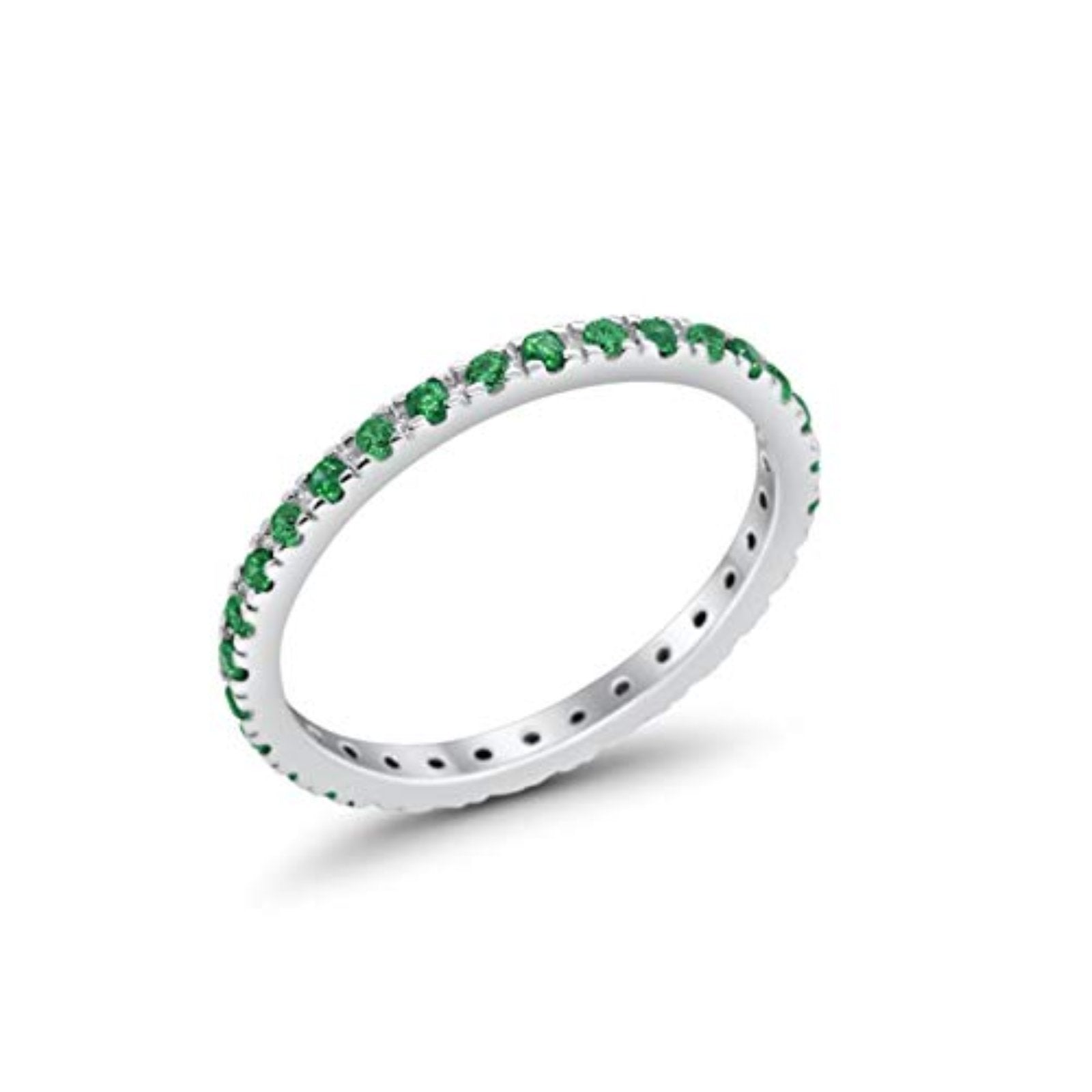 Full Eternity Stackable Band Round Simulated Green Emerald CZ Ring 925 Sterling Silver