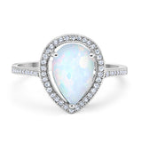Halo Teardrop Pear Shape Lab Created White Opal Ring 925 Sterling Silver
