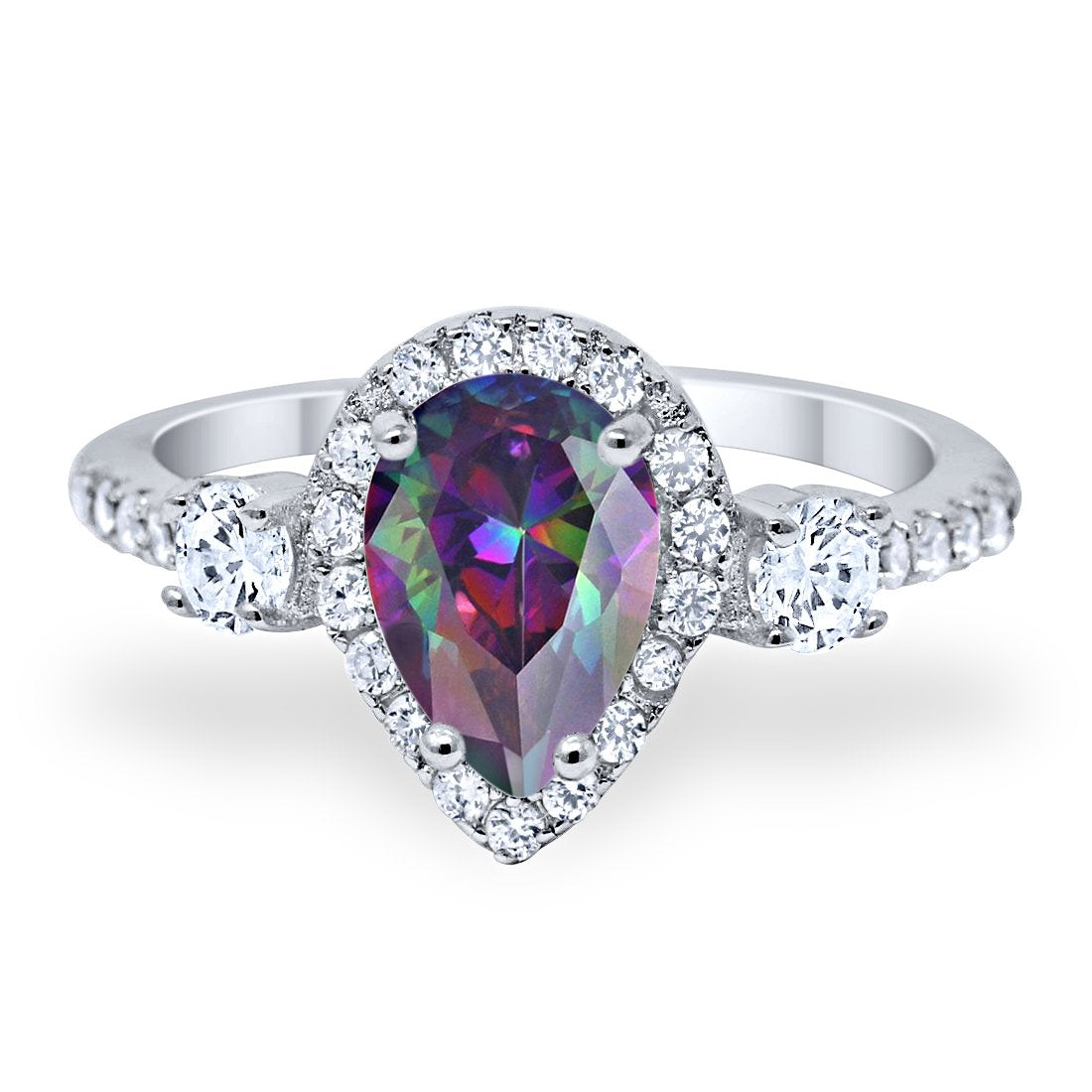 3-Stone Halo Teardrop Fashion Ring Simulated Rainbow CZ 925 Sterling Silver