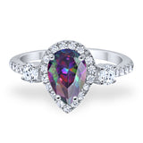 3-Stone Halo Teardrop Fashion Ring Simulated Rainbow CZ 925 Sterling Silver
