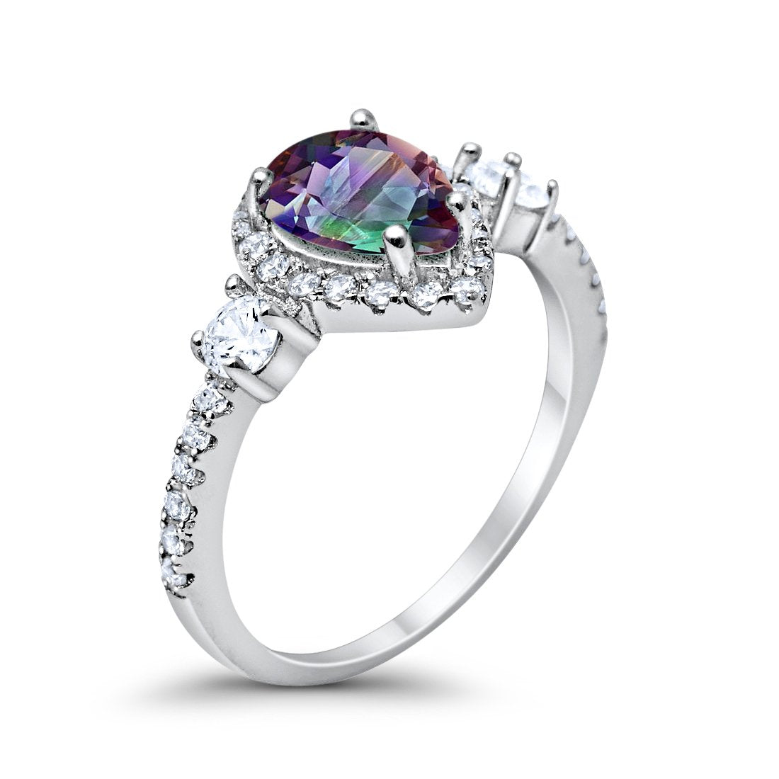 3-Stone Halo Teardrop Fashion Ring Simulated Rainbow CZ 925 Sterling Silver