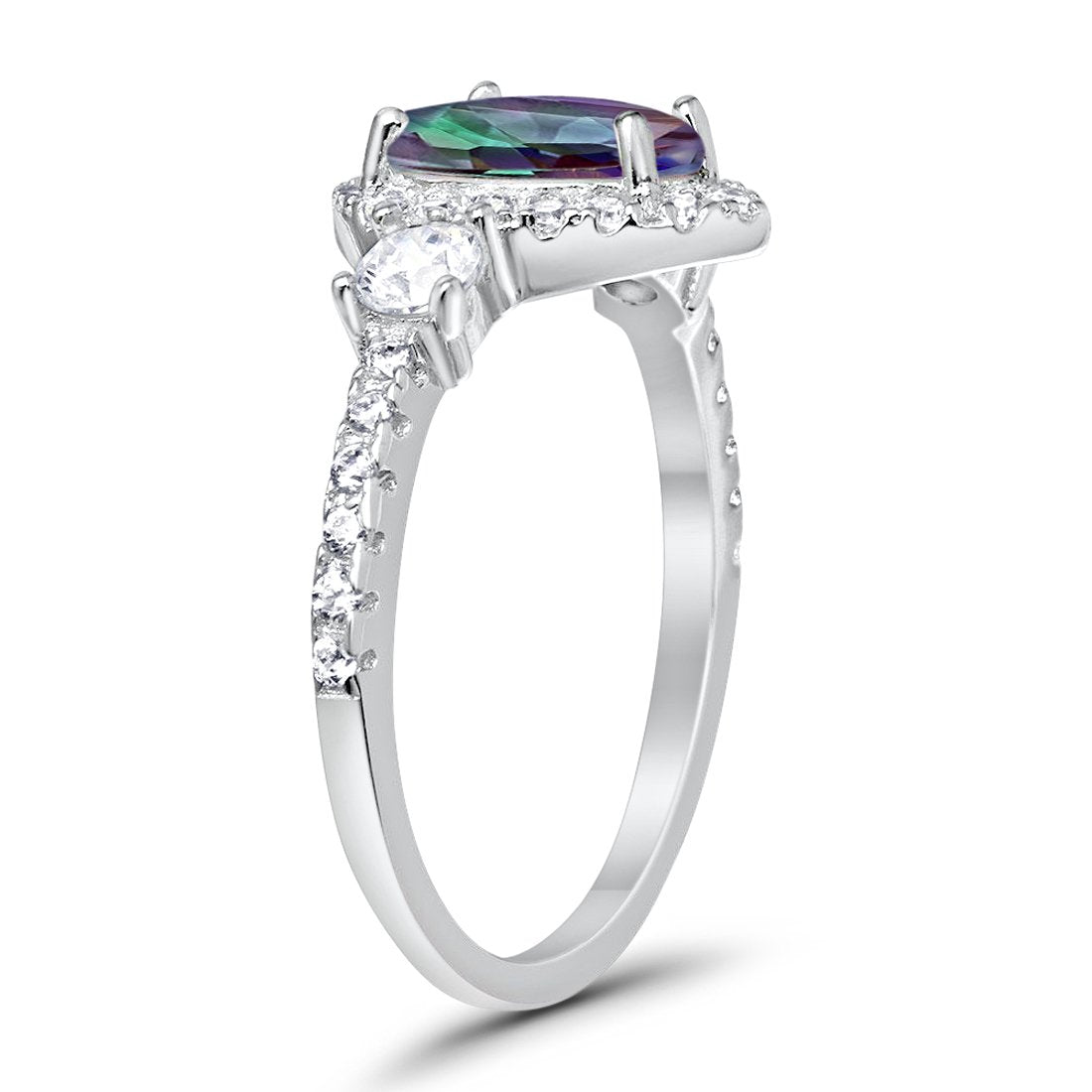 3-Stone Halo Teardrop Fashion Ring Simulated Rainbow CZ 925 Sterling Silver