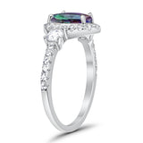 3-Stone Halo Teardrop Fashion Ring Simulated Rainbow CZ 925 Sterling Silver
