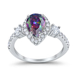 3-Stone Halo Teardrop Fashion Ring Simulated Rainbow CZ 925 Sterling Silver