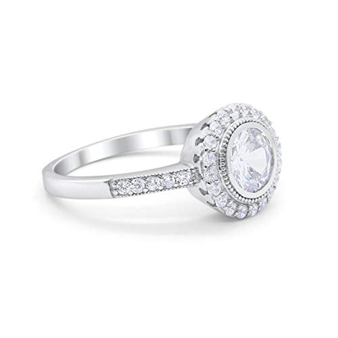 Art Deco Wedding Engagement Ring Round Bezel Simulated Cubic Zirconia 925 Sterling Silver