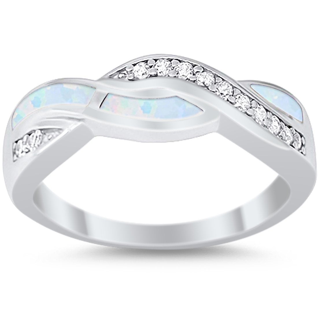 Half Eternity Weave Knot Ring Crisscross Lab Created White Opal 925 Sterling Silver