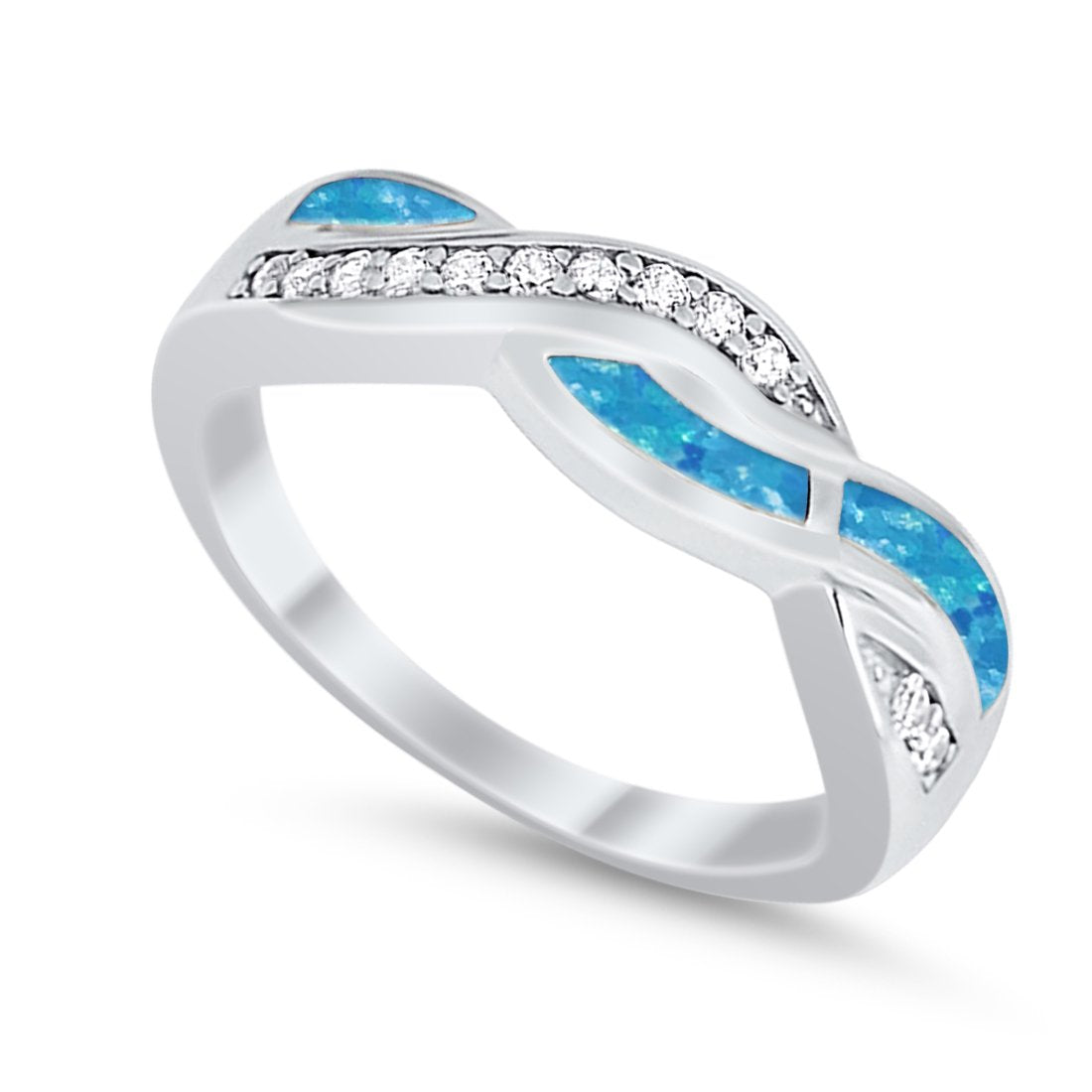 Half Eternity Weave Knot Ring Crisscross Lab Created Blue Opal 925 Sterling Silver