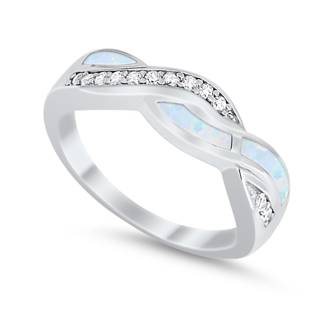 Half Eternity Weave Knot Ring Crisscross Lab Created White Opal 925 Sterling Silver