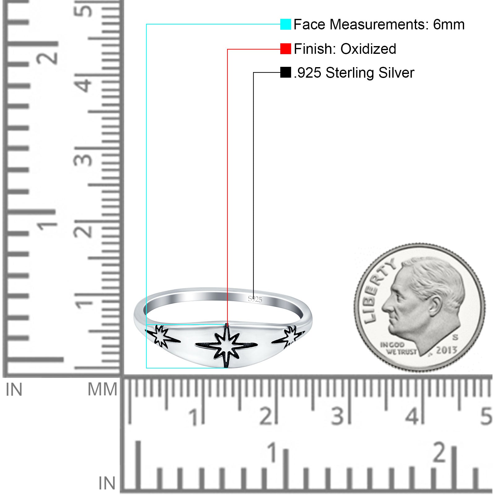 North Star Oxidized Band Solid 925 Sterling Silver Thumb Ring (6mm)