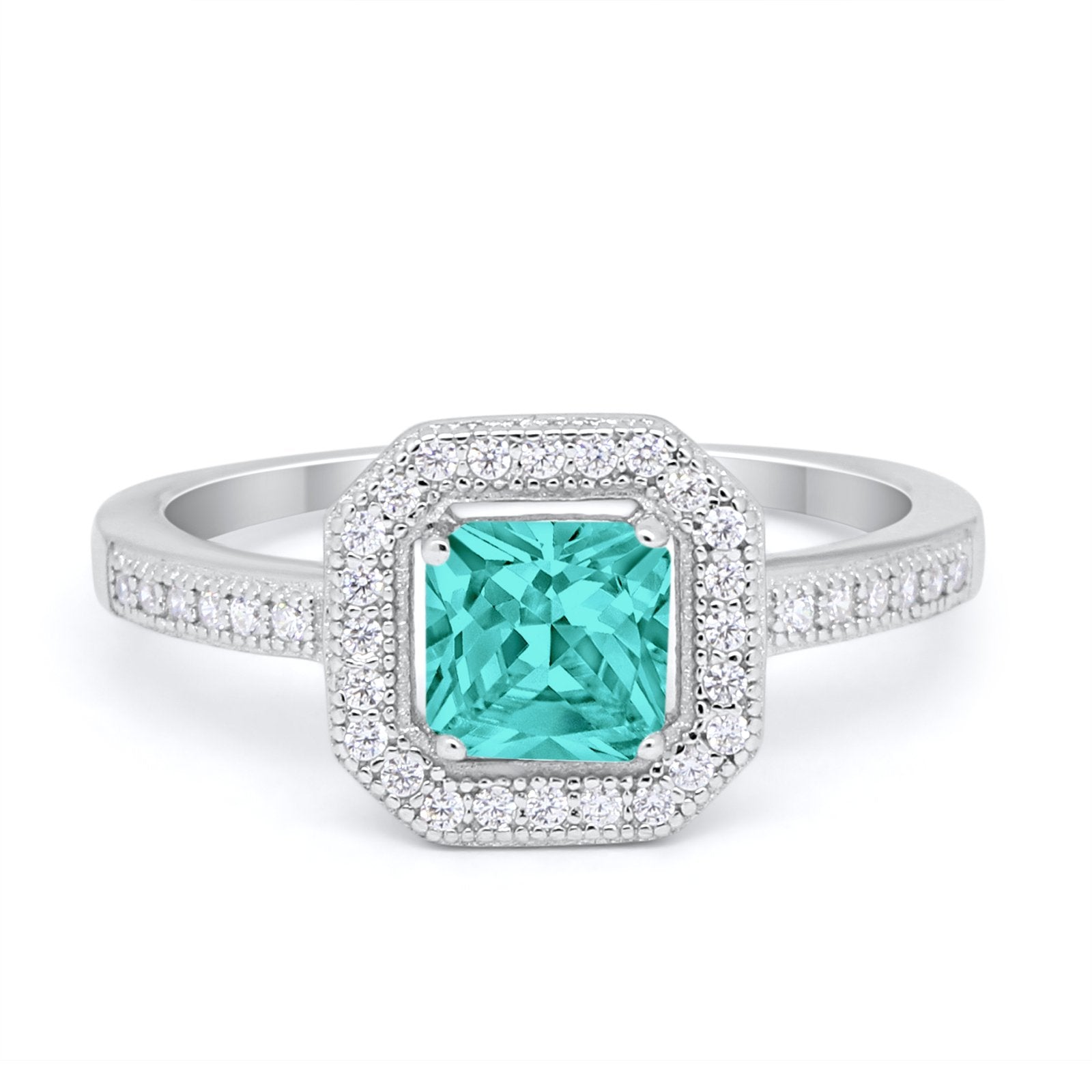 Halo Accent Engagement Ring Simulated Paraiba Tourmaline CZ 925 Sterling Silver