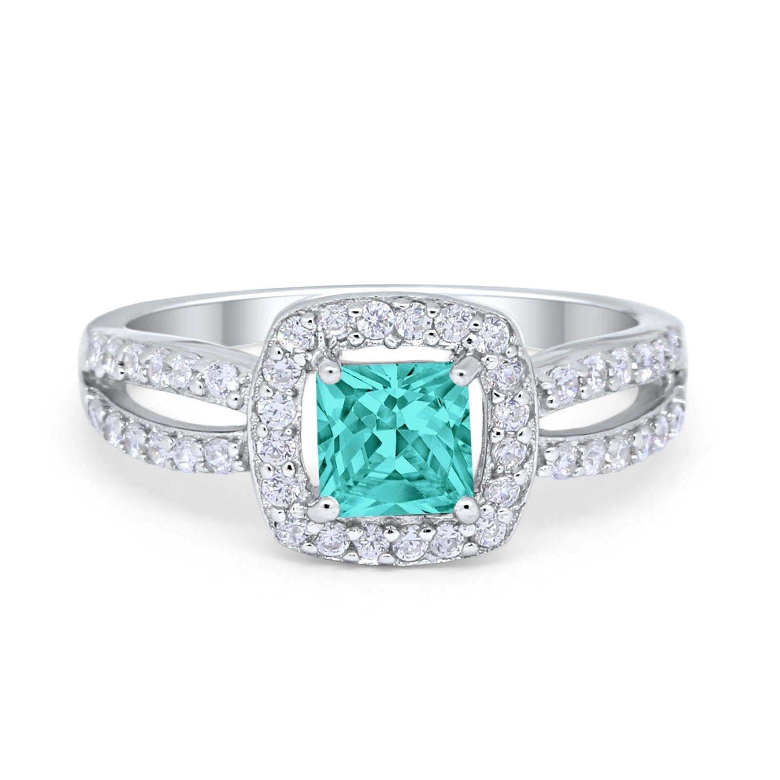 Dazzling Split Shank Engagement Ring Simulated Paraiba Tourmaline CZ 925 Sterling Silver